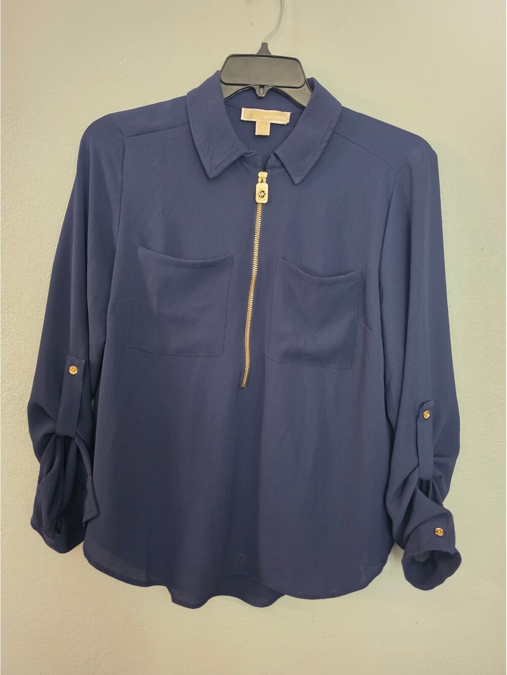 Michael Kors Navy Blue Long Sleeve Half-Zip Blouse Size L